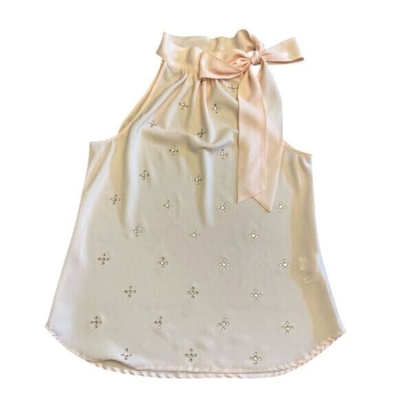New York & Company Peach Sleeveless Embellished Bow Tie Blouse Medium - Picture 13 of 14